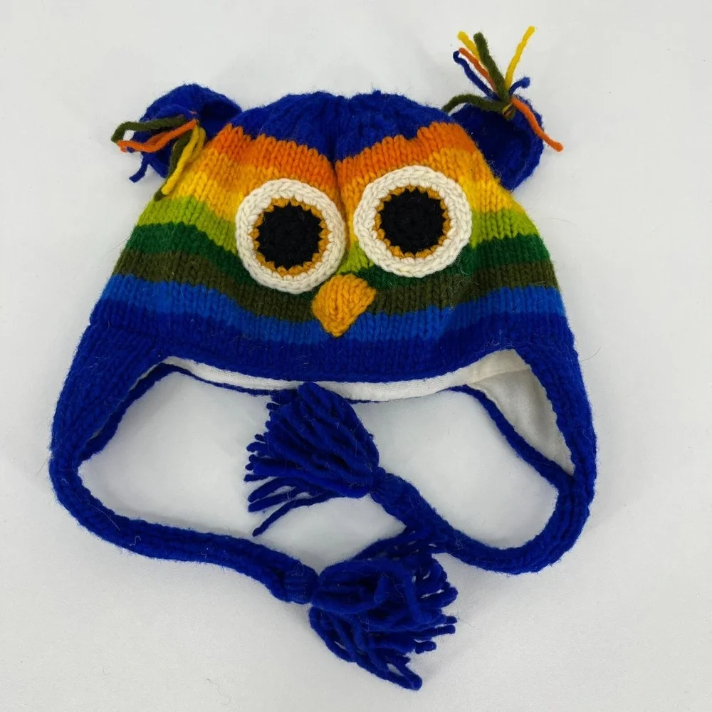 Vive Bien Youth Owl Beanie Rainbow Striped Wool Earflap Hat Handcrafted Ecuador
